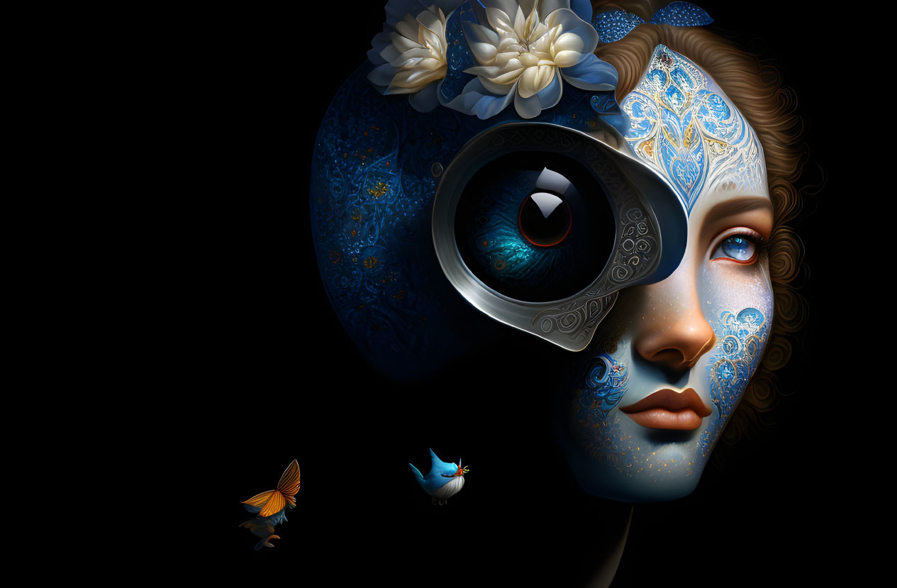 Surreal portrait of woman with camera lens eye & butterflies on dark background