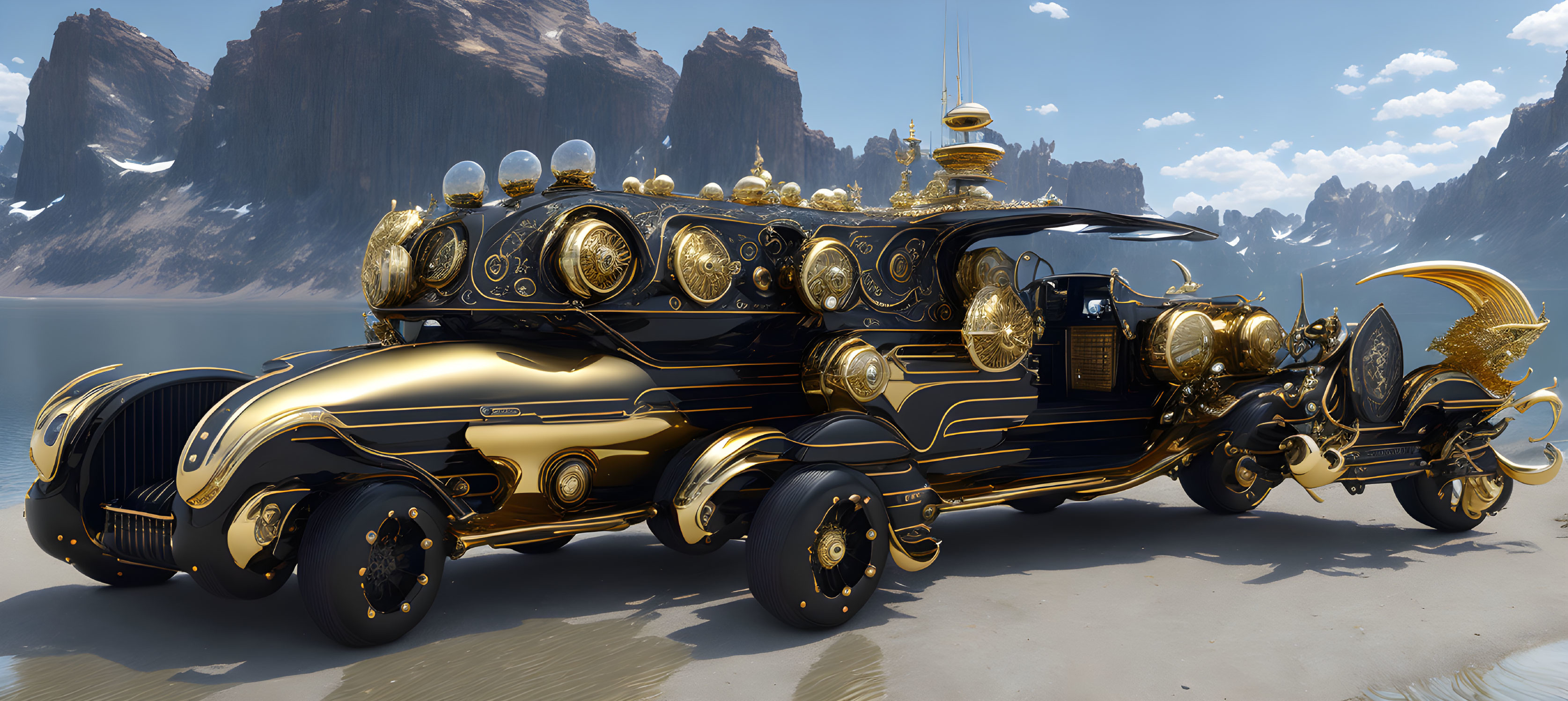 Steampunk-inspired gold and black vehicle in mountain landscape