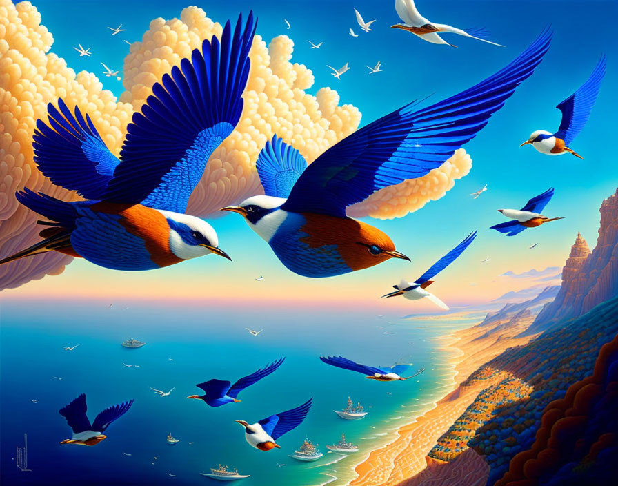 Colorful oversized birds flying over coastal landscape with cliffs and boats