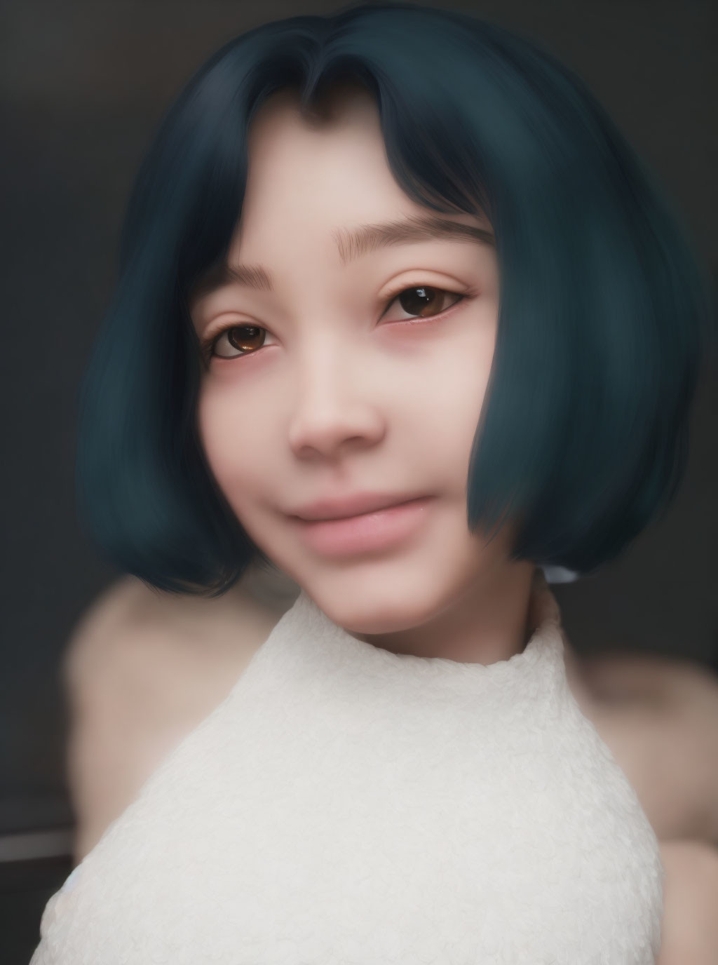 Portrait of a person with short blue hair and warm brown eyes