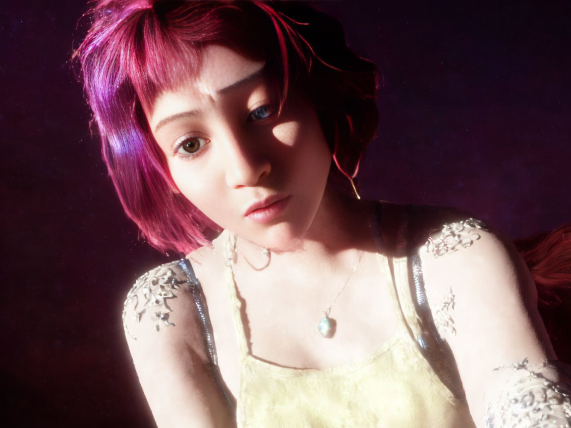 Female character with large eyes, purple hair, yellow dress, and tattoos on arms in dark setting