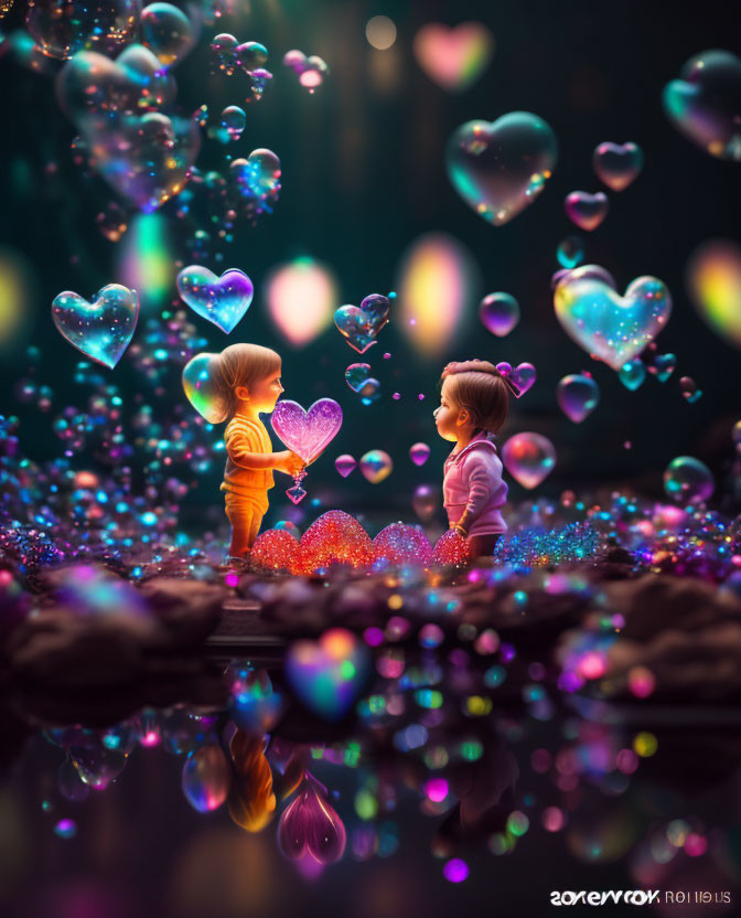 Animated children in mystical romantic setting with heart-shaped bubbles & glittering lights