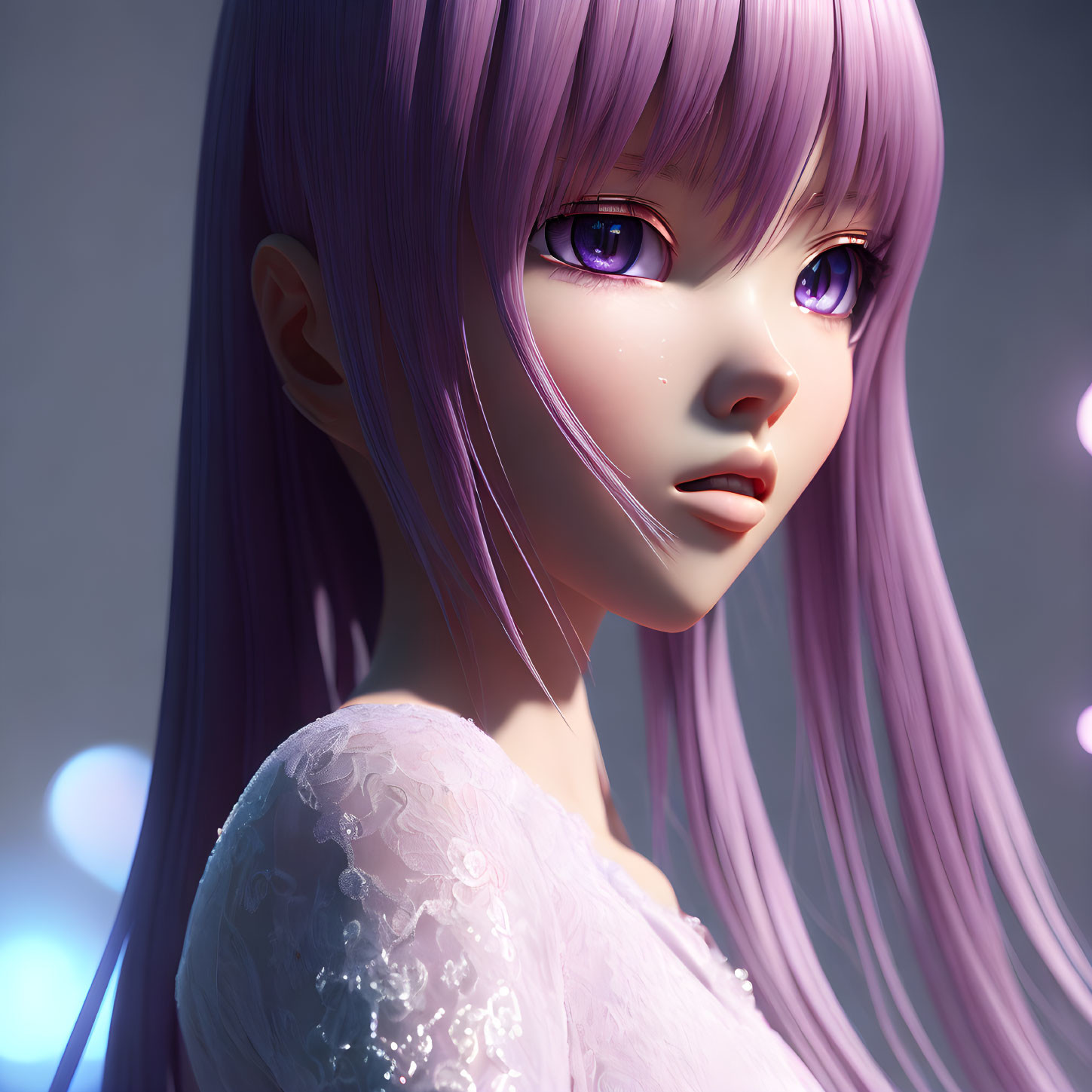 Purple-haired animated character with lace top in cool-toned background