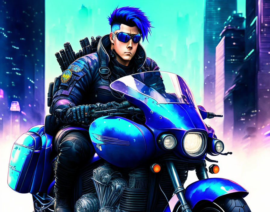 Stylized illustration of person with spiked blue hair on futuristic motorcycle