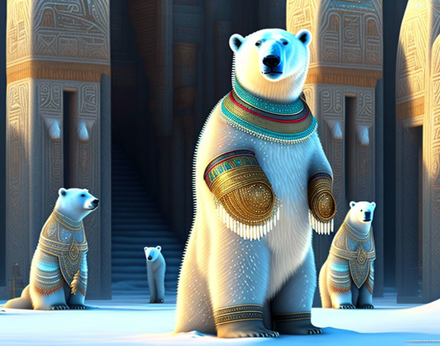 Three polar bears in tribal necklaces inside ornate icy structure with light beams.