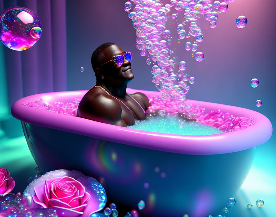 Person in Sunglasses Relaxing in Luxurious Bubble Bath with Neon Lights and Pink Roses