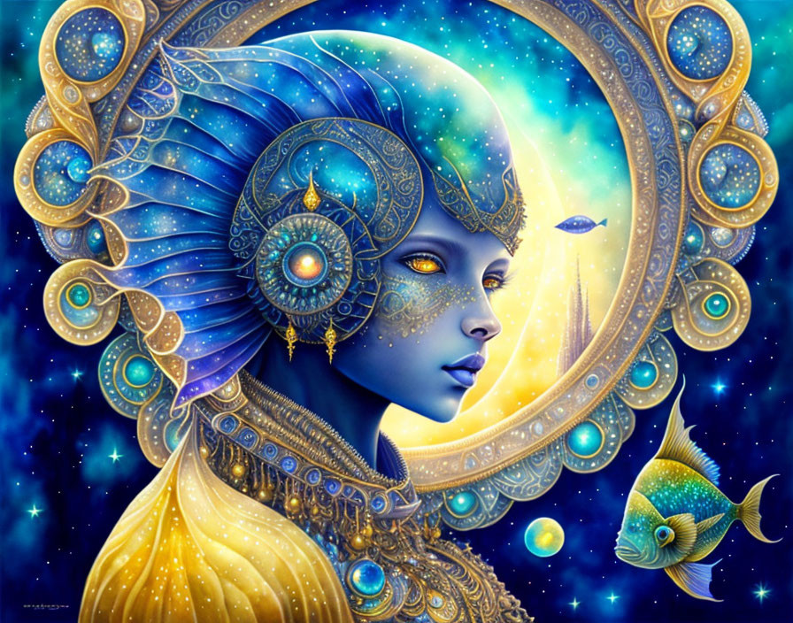 Ethereal blue-skinned woman with celestial jewelry in digital art