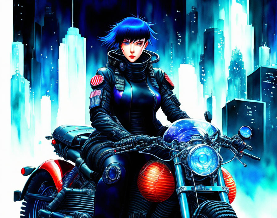 Blue-haired animated character in black suit on futuristic motorcycle in neon cityscape.
