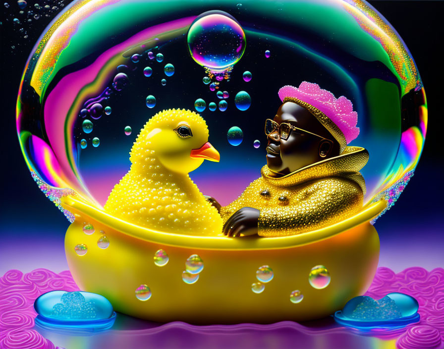 Colorful surreal image: Person with yellow duck in bubble