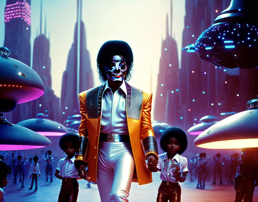 Person in Sparkling Gold and Black Outfit in Futuristic City with Hovering Crafts and Styl