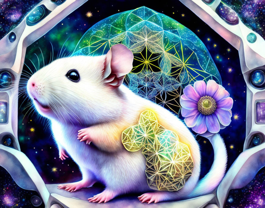 Colorful White Mouse Illustration with Geometric Patterns on Cosmic Background