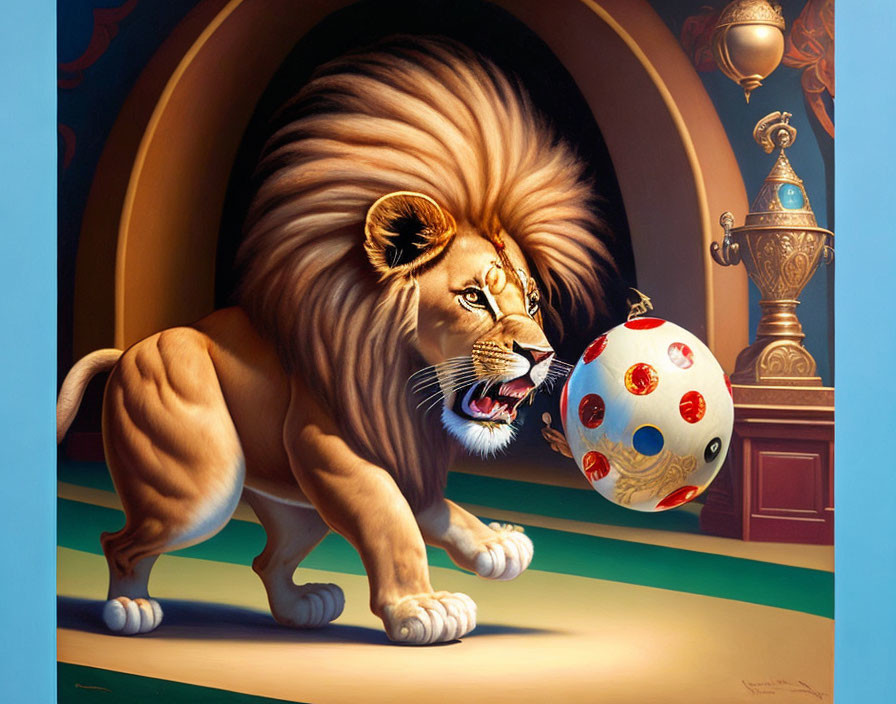 Majestic lion playing with ball in ornate setting