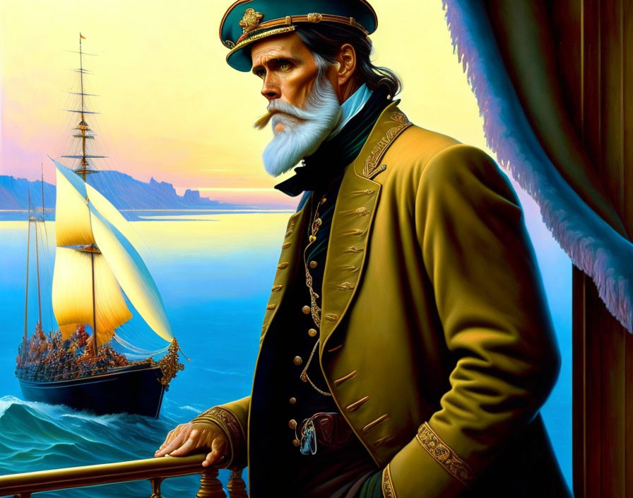 Illustrated portrait of a bearded naval captain in uniform by a window, looking at a tall ship