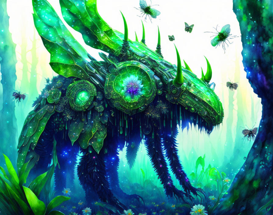 Fantasy illustration of majestic dragon-like creature in misty forest