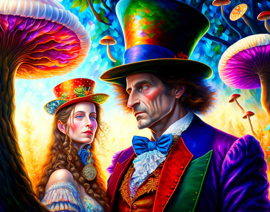 Vibrant Victorian characters in psychedelic forest scene