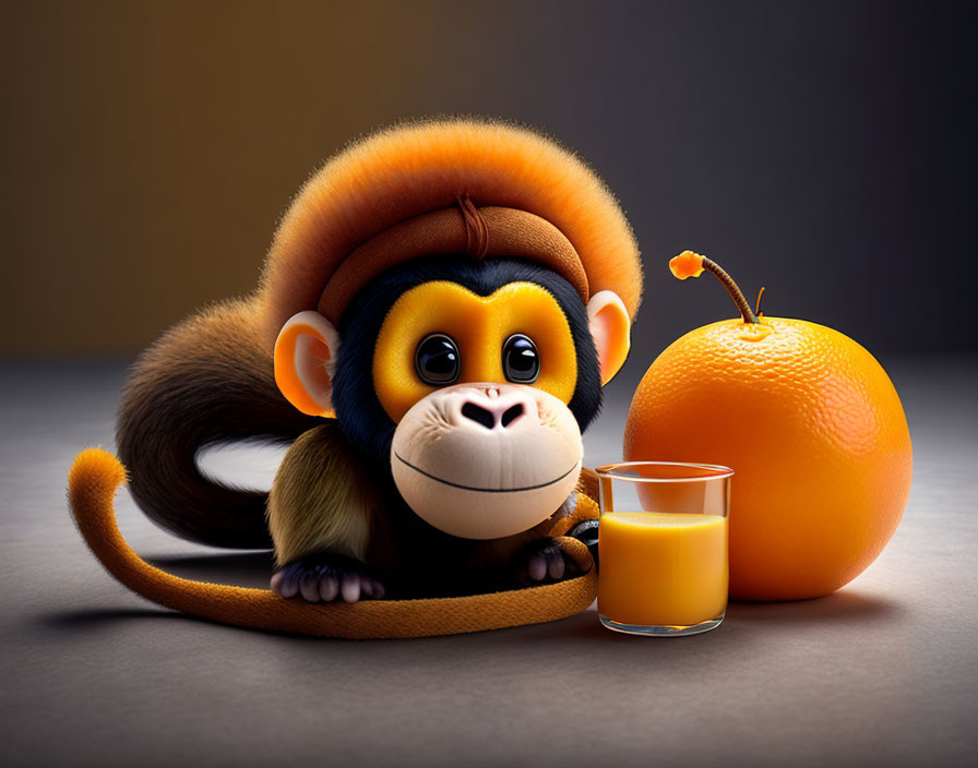 Stylized animated monkey with orange hat and juice