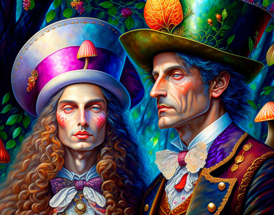 Colorful illustration of whimsical characters in purple top hat and formal coat.