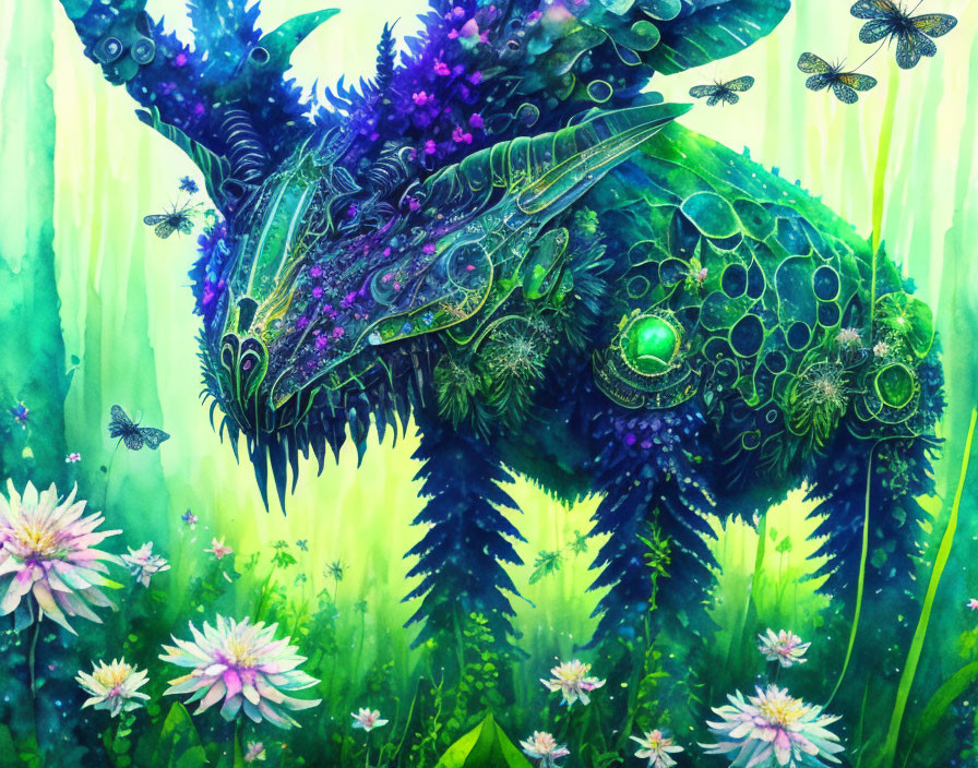 Colorful fantastical deer-like creature with flowers, foliage, and butterflies in mystical forest.