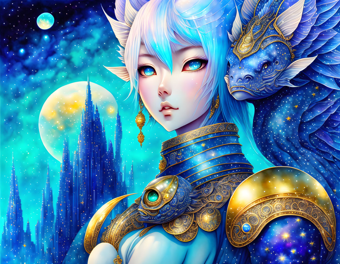 Fantasy female character with blue hair and elf-like ears in gold and blue armor with a dragon under
