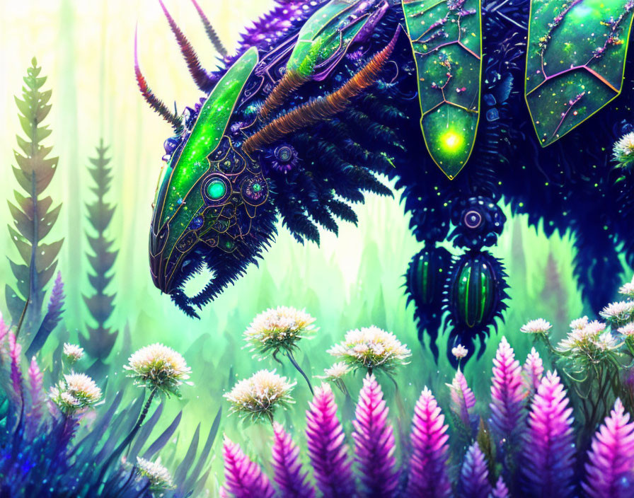 Colorful digital art: mechanical insect with jewel-like exoskeleton among fantastical foliage and flowers in
