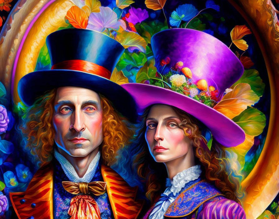 Colorful Illustration of Two Characters with Whimsical Hats in Floral Setting