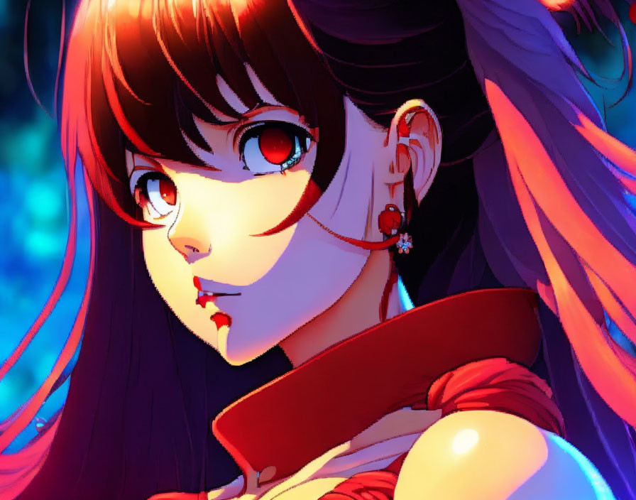 Vibrant illustration: girl with long hair, red eyes, red earring, on blue and