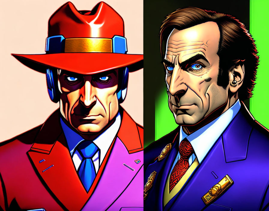 Stylized animated male characters in red hat and trench coat, and blue suit with medals, serious