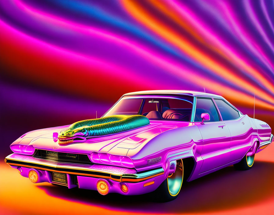 Colorful Classic Car Illustration with Neon and Psychedelic Background
