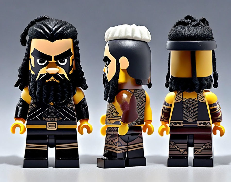 Three LEGO minifigures with tribal tattoos and unique hairdos on light background.