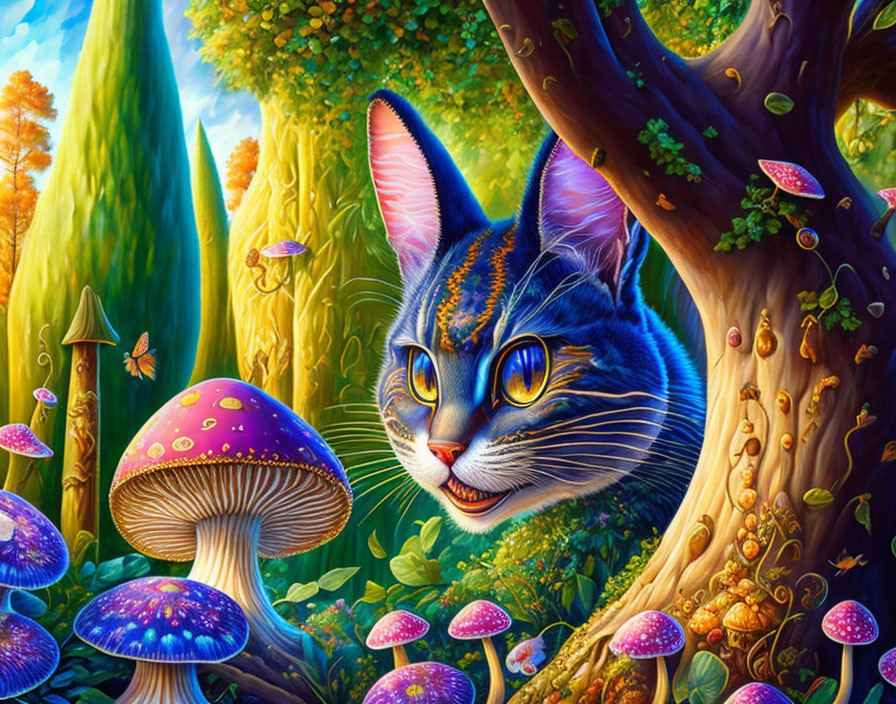 Colorful Cat in Whimsical Forest Scene with Blue Mushrooms