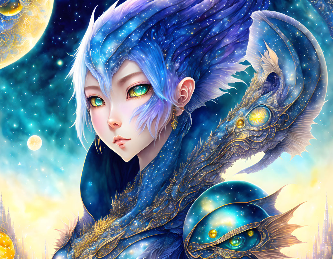 Fantasy character with blue dragon-like features in celestial setting