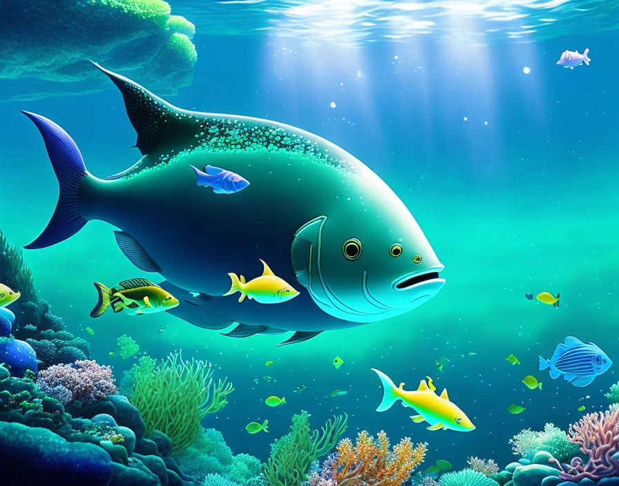 Colorful Underwater Scene with Cartoonish Fish and Sunbeams