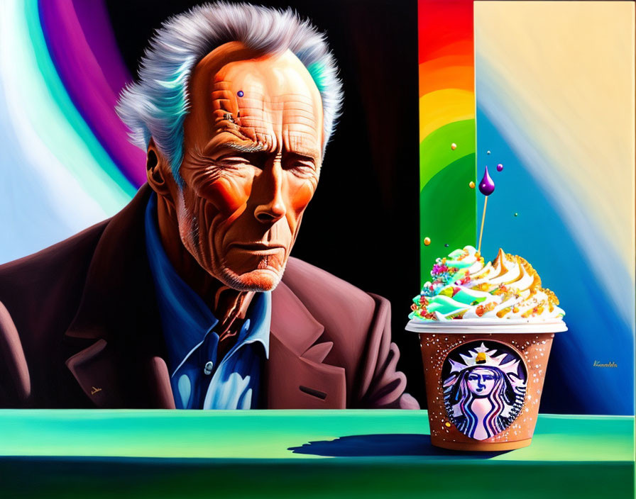 Detailed portrait of stern man with colorful background and Starbucks cup.
