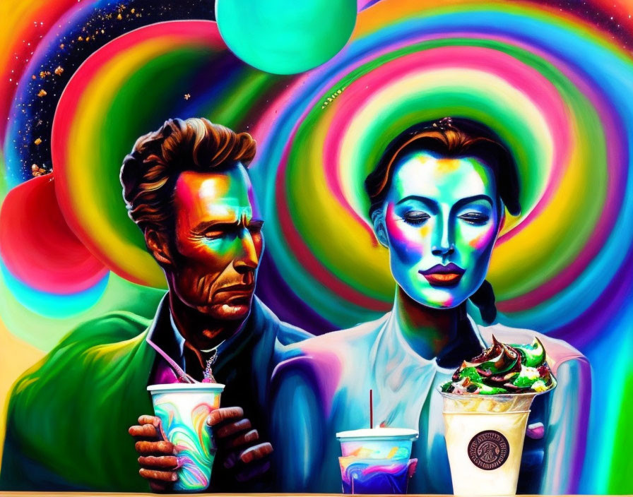 Colorful Painting of Man and Woman with Drink Cups and Psychedelic Circles