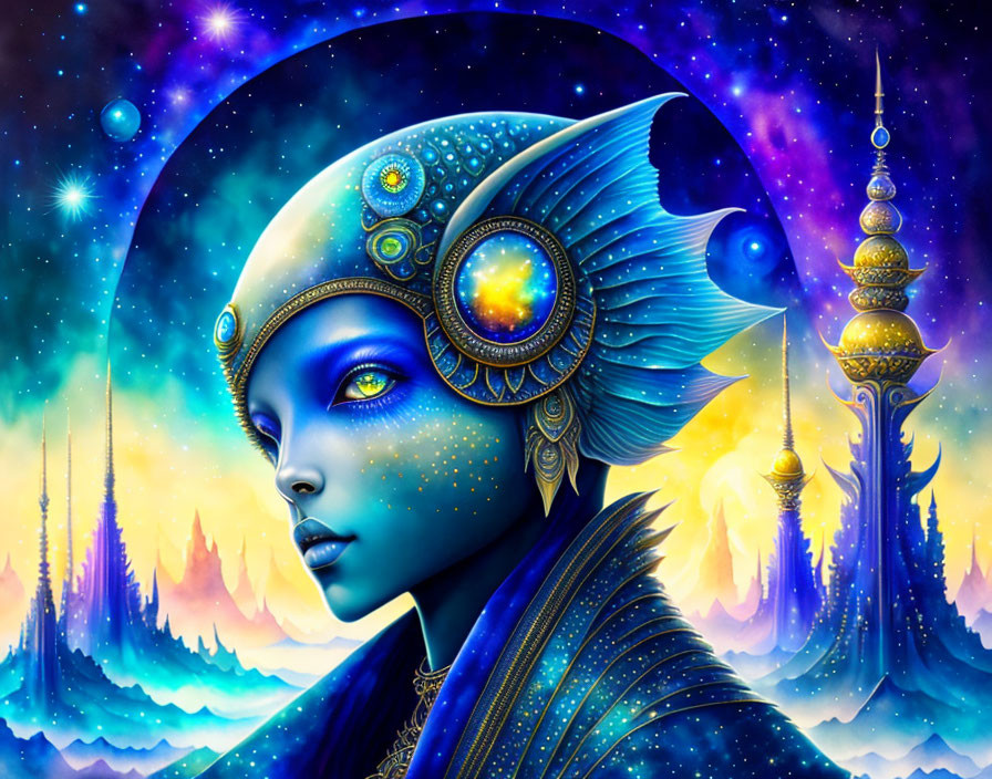 Blue-skinned ethereal being in cosmic armor among stars and spires