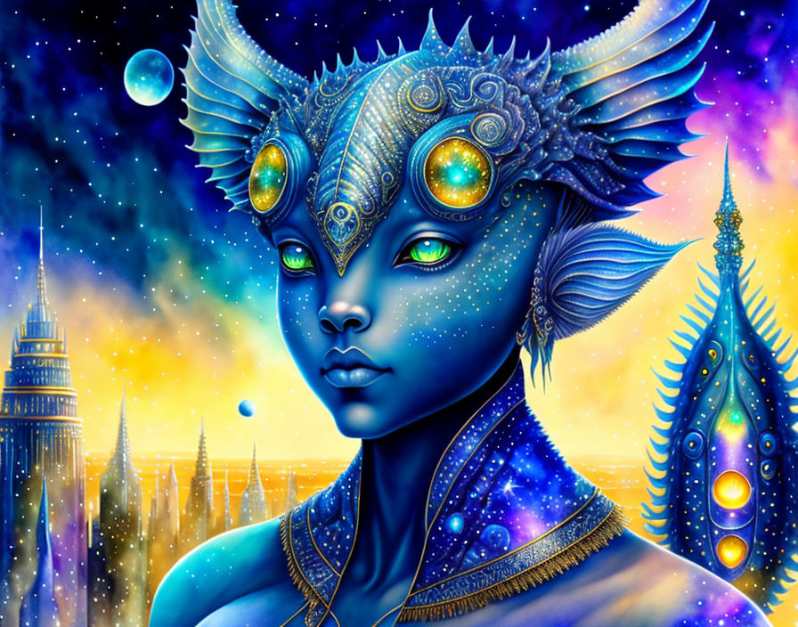 Blue-skinned being with ornate headgear in cosmic setting