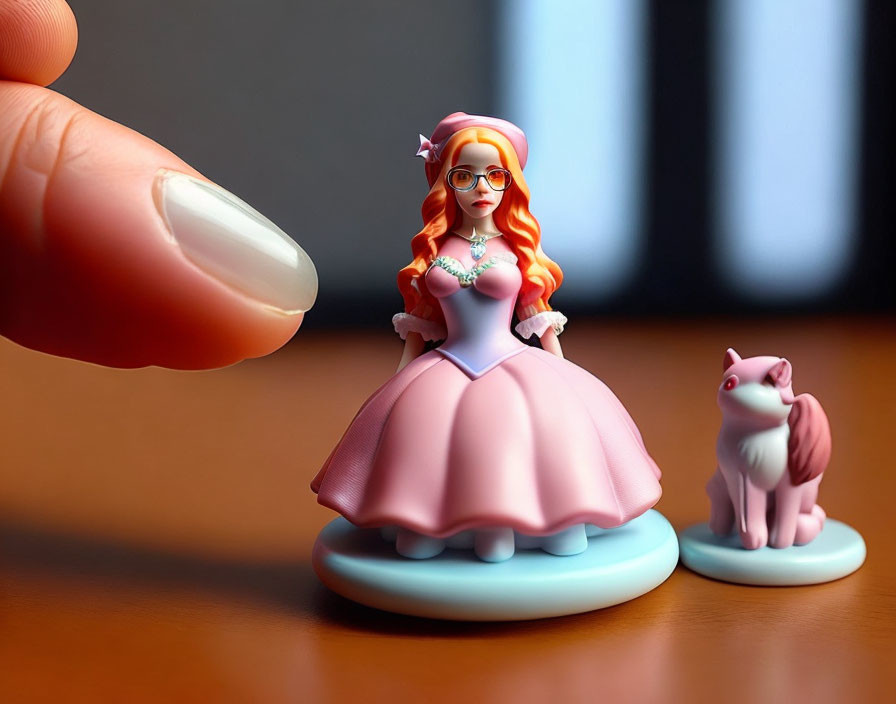 Red-haired girl figurine in pink dress with cat - close-up view