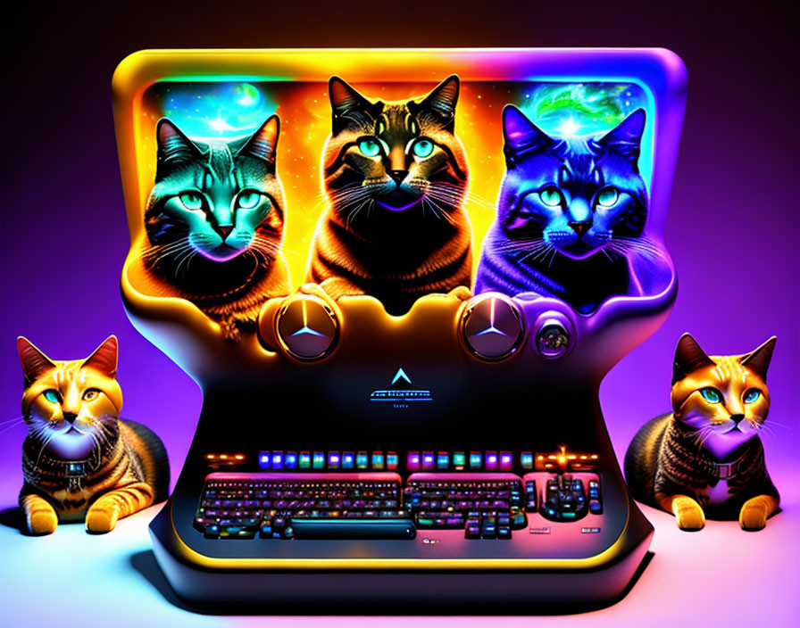 Colorful neon-lit artwork: Four cosmic cats in gaming computer setup