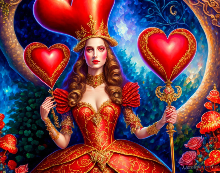Woman in Queen of Hearts costume with heart-shaped scepter in vibrant heart-themed setting