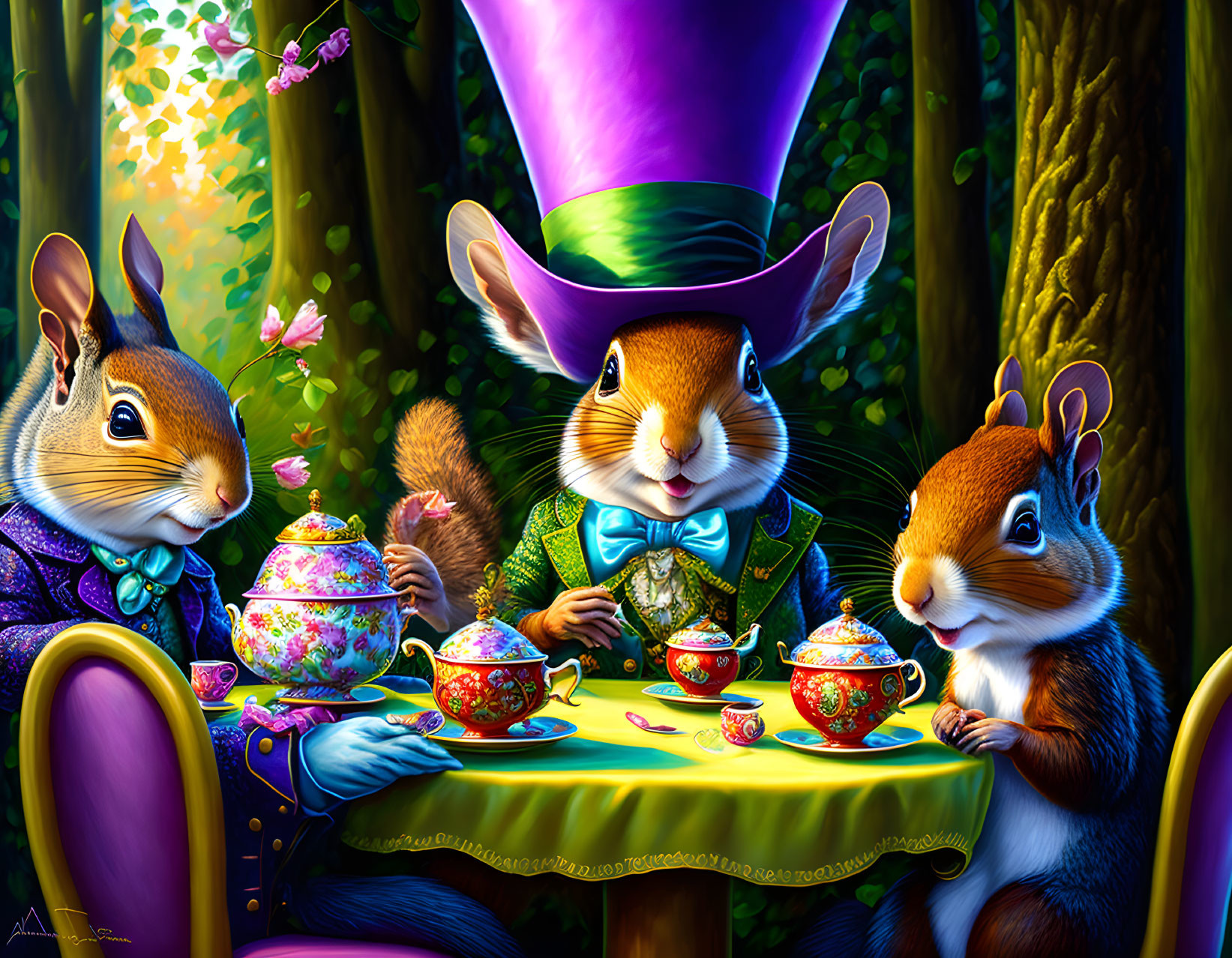 Anthropomorphic squirrels at whimsical forest tea party