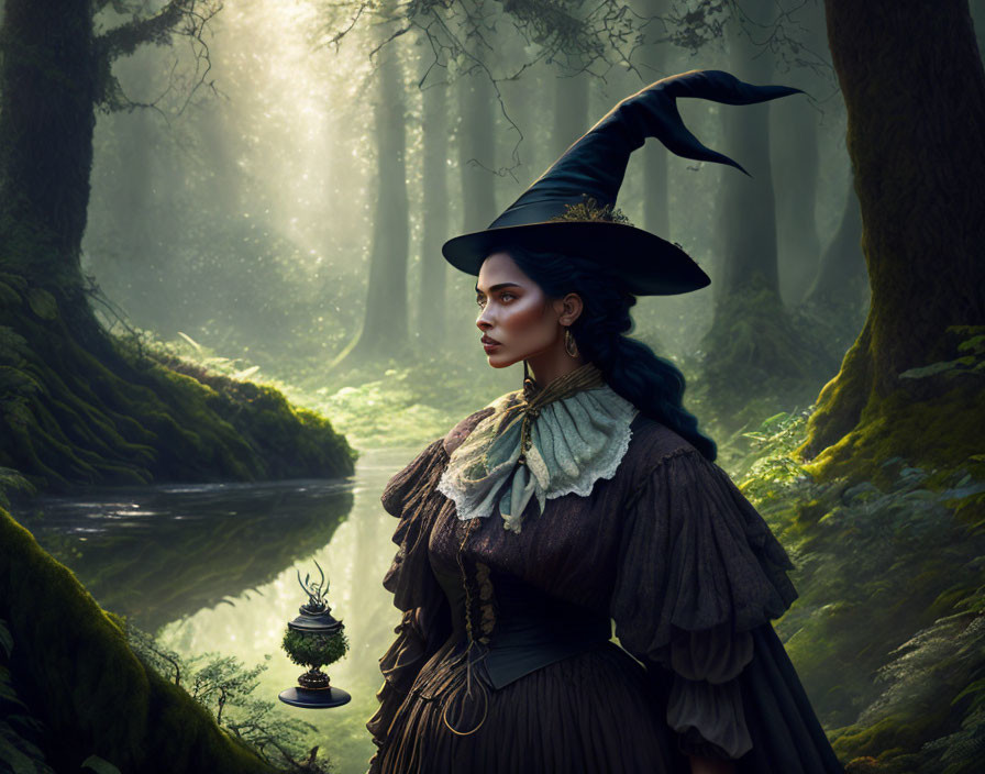 Mystical witch in vintage attire with magical orb in enchanted forest