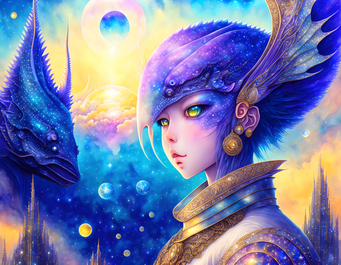 Fantasy illustration of blue-skinned female with dragon in cosmic setting