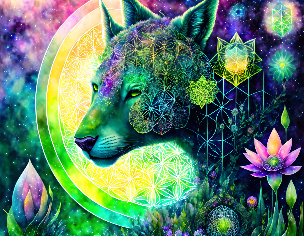 Colorful Psychedelic Wolf Illustration with Geometric Patterns and Cosmic Background
