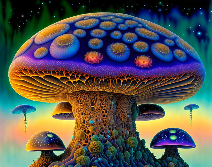 Fantastical luminescent mushrooms in cosmic setting
