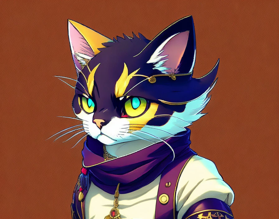 Stylized anthropomorphic cat in white shirt and purple scarf on brown background