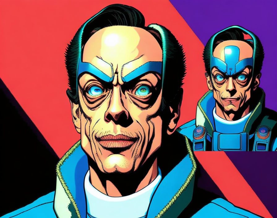 Stylized comic book illustration of man with blue and gray facial features against red and purple background