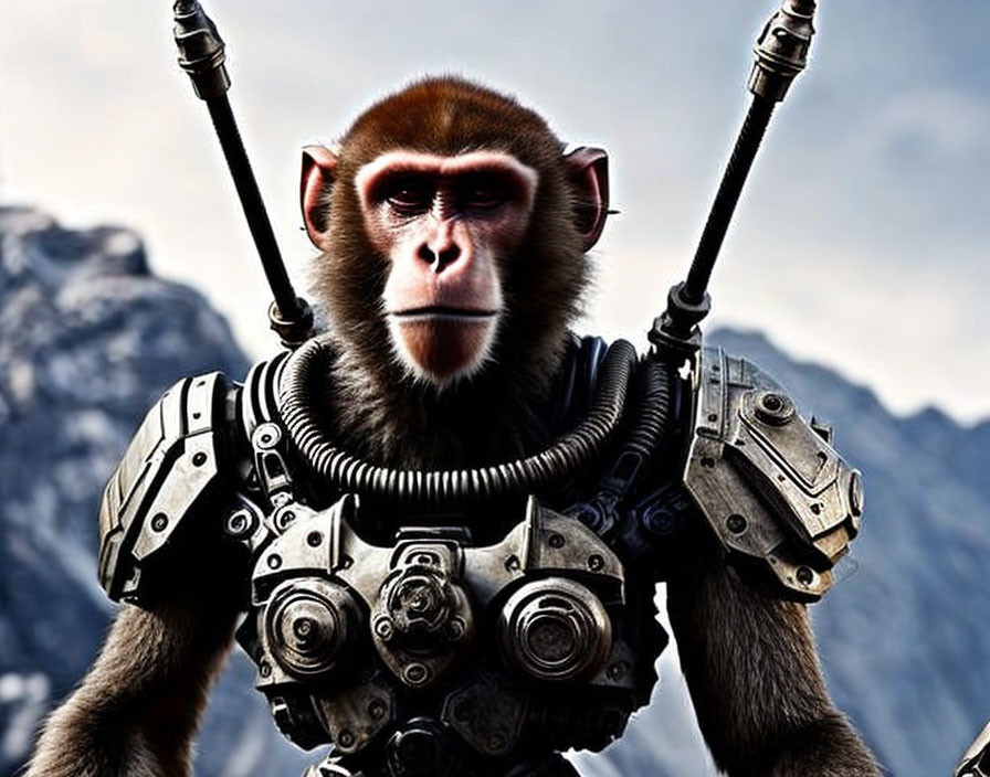 Digitally altered baboon with robotic body against mountain backdrop