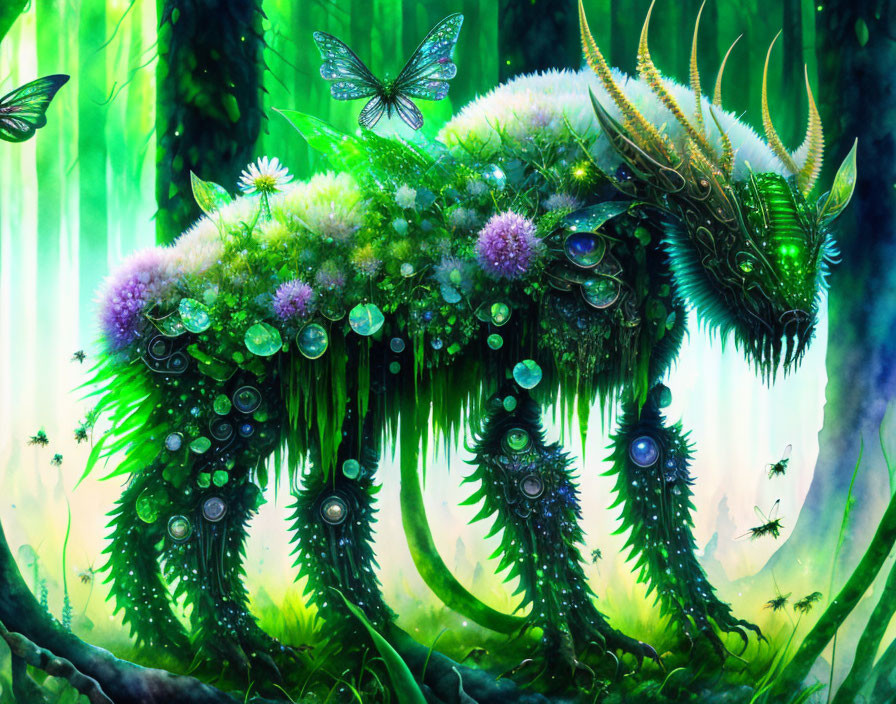 Colorful mythical creature with garden on its back in enchanted forest