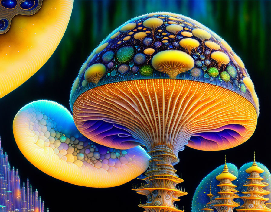 Vibrant bioluminescent mushroom illustration with neon-lit backdrop