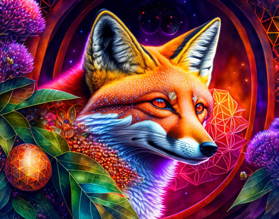 Colorful Fox Artwork with Psychedelic Patterns & Cosmic Background